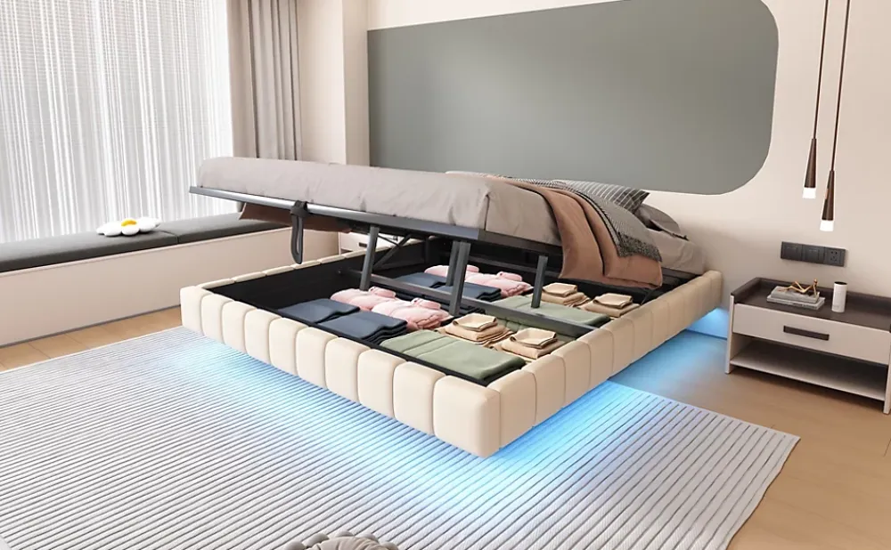 Redom Lit 180x200 cm tapissé en lin beige avec rangement hydraulique et bande LED intégrée, sans tête, cadre métal robuste* Lit Avec Rangement