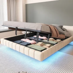 Redom Lit 180x200 cm tapissé en lin beige avec rangement hydraulique et bande LED intégrée, sans tête, cadre métal robuste* Lit Avec Rangement