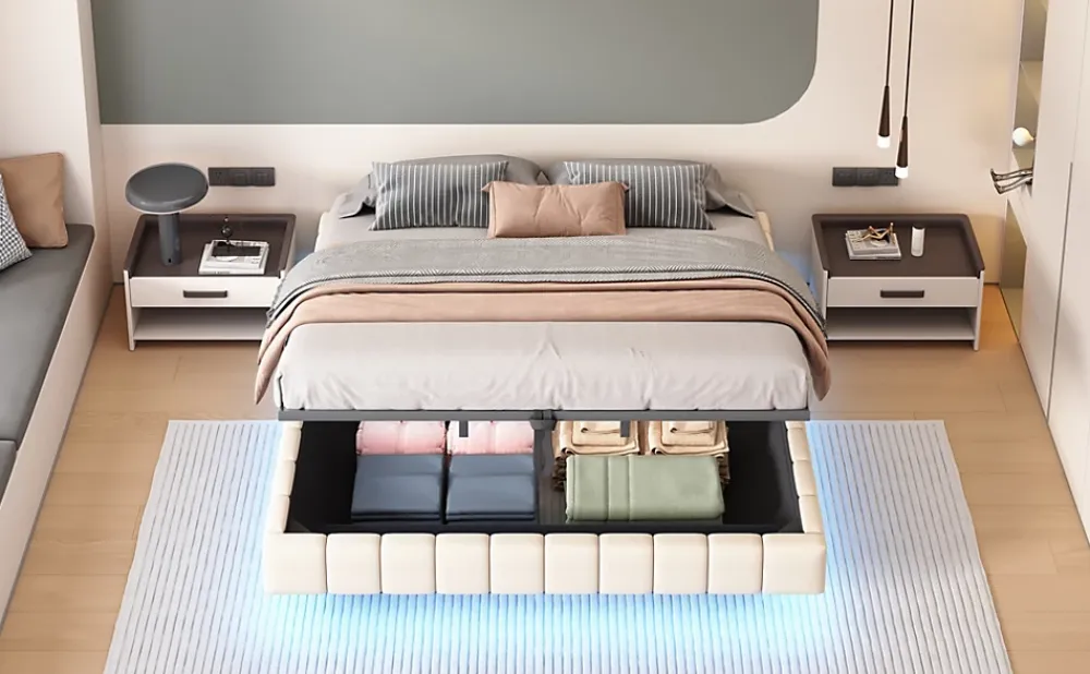 Redom Lit 180x200 cm tapissé en lin beige avec rangement hydraulique et bande LED intégrée, sans tête, cadre métal robuste* Lit Avec Rangement