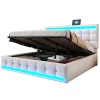 Redom Lit 180x200 cm tapissé en lin beige avec bande LED RGB intégrée, tête de lit réglable et ports USB* Lit Avec Rangement