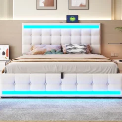 Redom Lit 180x200 cm tapissé en lin beige avec bande LED RGB intégrée, tête de lit réglable et ports USB* Lit Avec Rangement