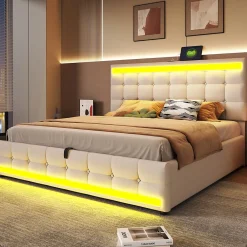 Redom Lit 180x200 cm tapissé en lin beige avec bande LED RGB intégrée, tête de lit réglable et ports USB* Lit Avec Rangement