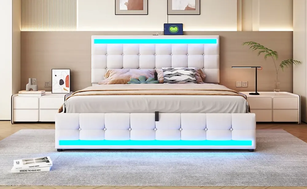 Redom Lit 180x200 cm tapissé en lin beige avec bande LED RGB intégrée, tête de lit réglable et ports USB* Lit Avec Rangement