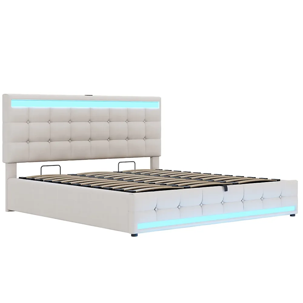 Redom Lit 180x200 cm tapissé en lin beige avec bande LED RGB intégrée, tête de lit réglable et ports USB* Lit Avec Rangement