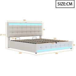 Redom Lit 180x200 cm tapissé en lin beige avec bande LED RGB intégrée, tête de lit réglable et ports USB* Lit Avec Rangement