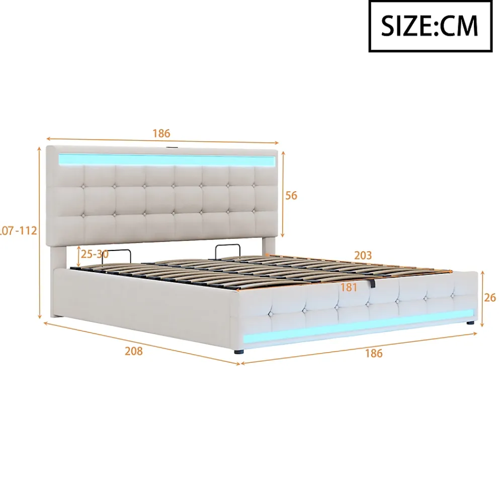 Redom Lit 180x200 cm tapissé en lin beige avec bande LED RGB intégrée, tête de lit réglable et ports USB* Lit Avec Rangement