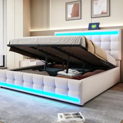 Redom Lit 180x200 cm tapissé en lin beige avec bande LED RGB intégrée, tête de lit réglable et ports USB* Lit Avec Rangement