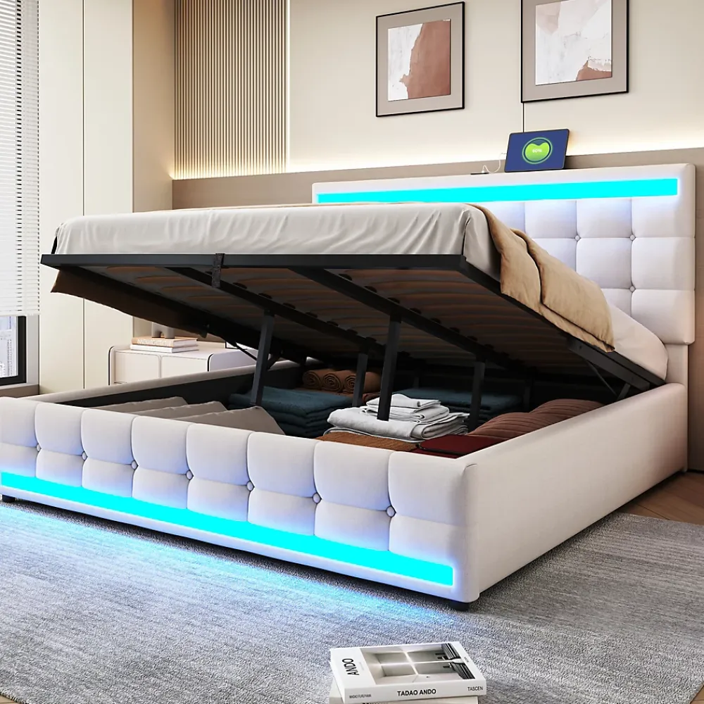Redom Lit 180x200 cm tapissé en lin beige avec bande LED RGB intégrée, tête de lit réglable et ports USB* Lit Avec Rangement