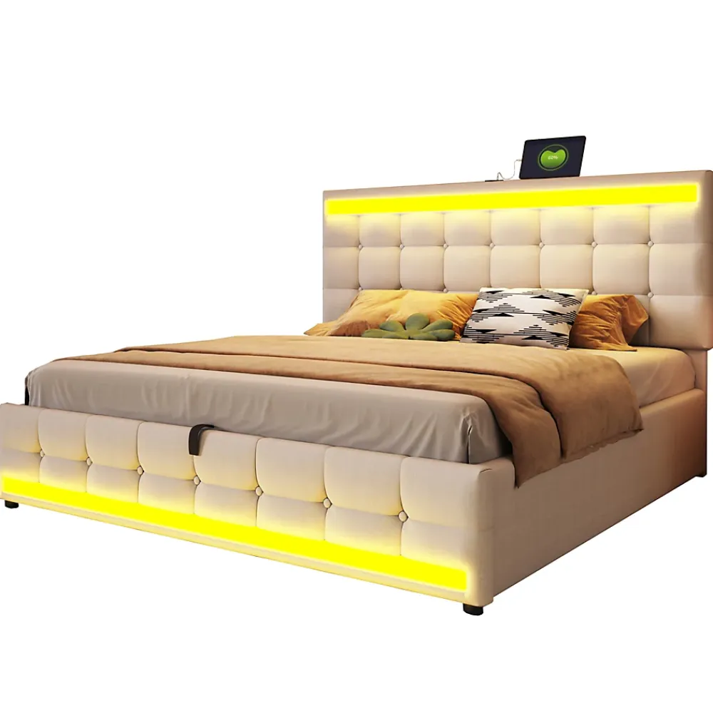 Redom Lit 180x200 cm tapissé en lin beige avec bande LED RGB intégrée, tête de lit réglable et ports USB* Lit Avec Rangement