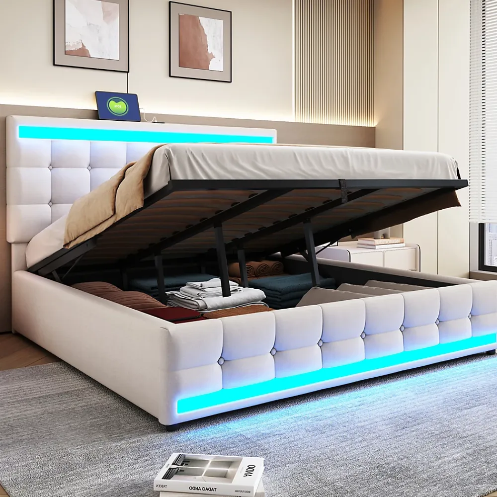 Redom Lit 180x200 cm tapissé en lin beige avec bande LED RGB intégrée, tête de lit réglable et ports USB* Lit Avec Rangement