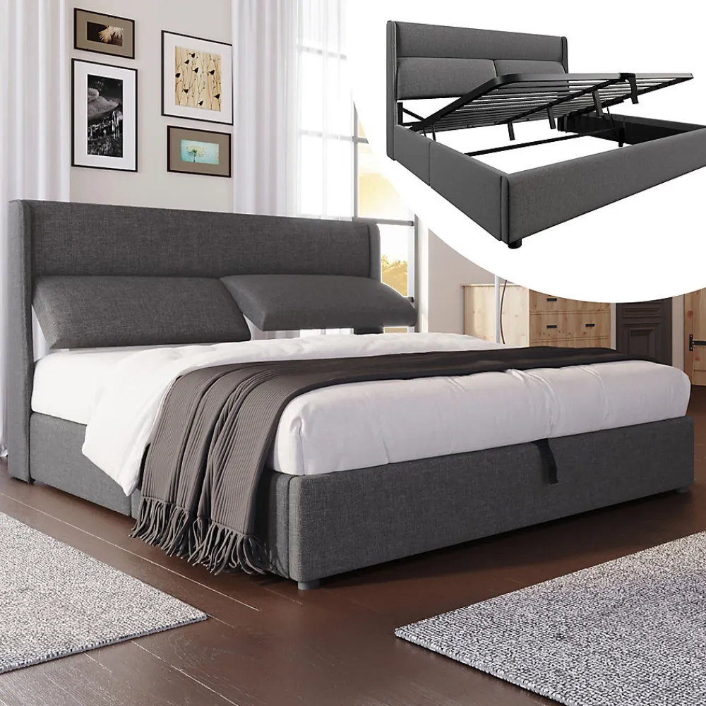 Lit 160x200 cm tapissé en lin gris avec tête de lit réglable et coffre de rangement hydraulique>Redom Clearance