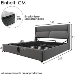 Lit 160x200 cm tapissé en lin gris avec tête de lit réglable et coffre de rangement hydraulique><noscript><img width=