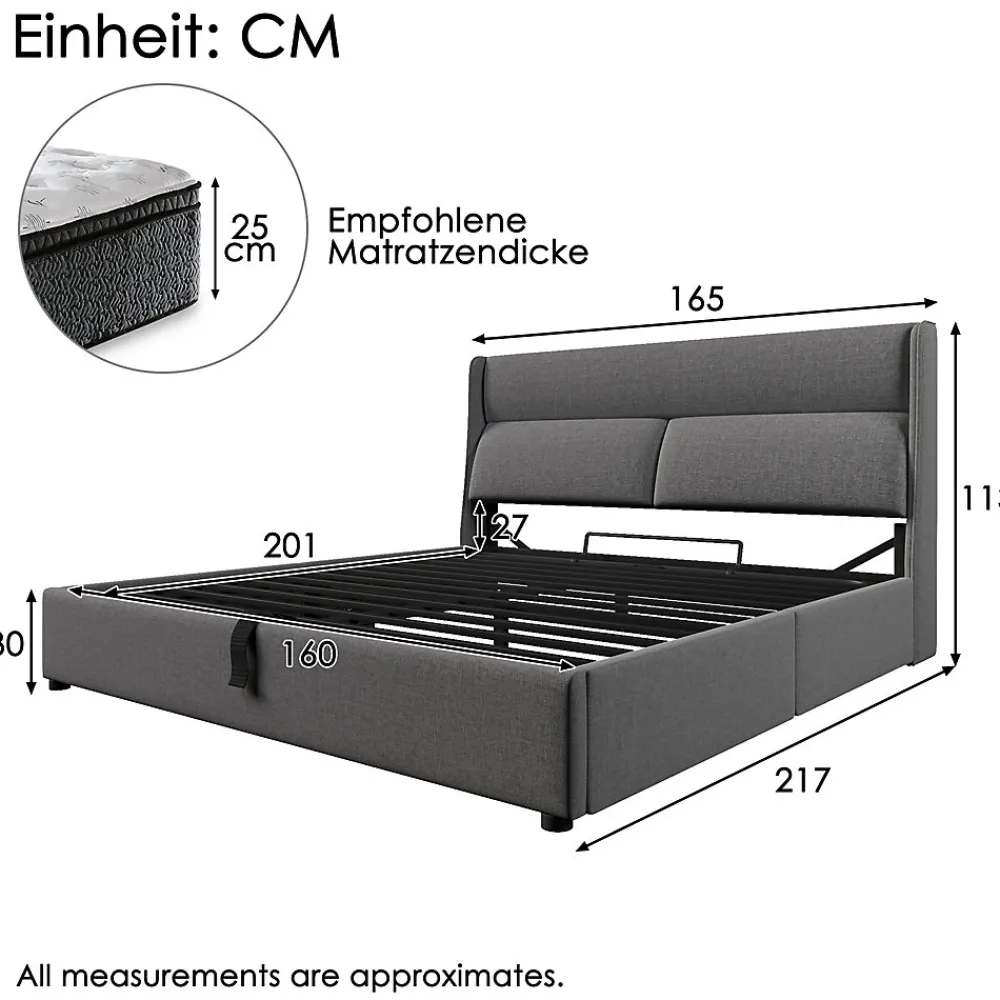 Lit 160x200 cm tapissé en lin gris avec tête de lit réglable et coffre de rangement hydraulique>Redom Clearance