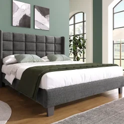 Redom Lit 140x200 cm tapissé en lin gris, tête de lit haute et rembourrée, sommier à lattes intégré, pieds noirs* Lit Double