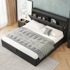 Redom Lit 160x200 cm tapissé en PU noir avec coffre de rangement hydraulique et tête de lit à rangement discret* Lit Avec Rangement