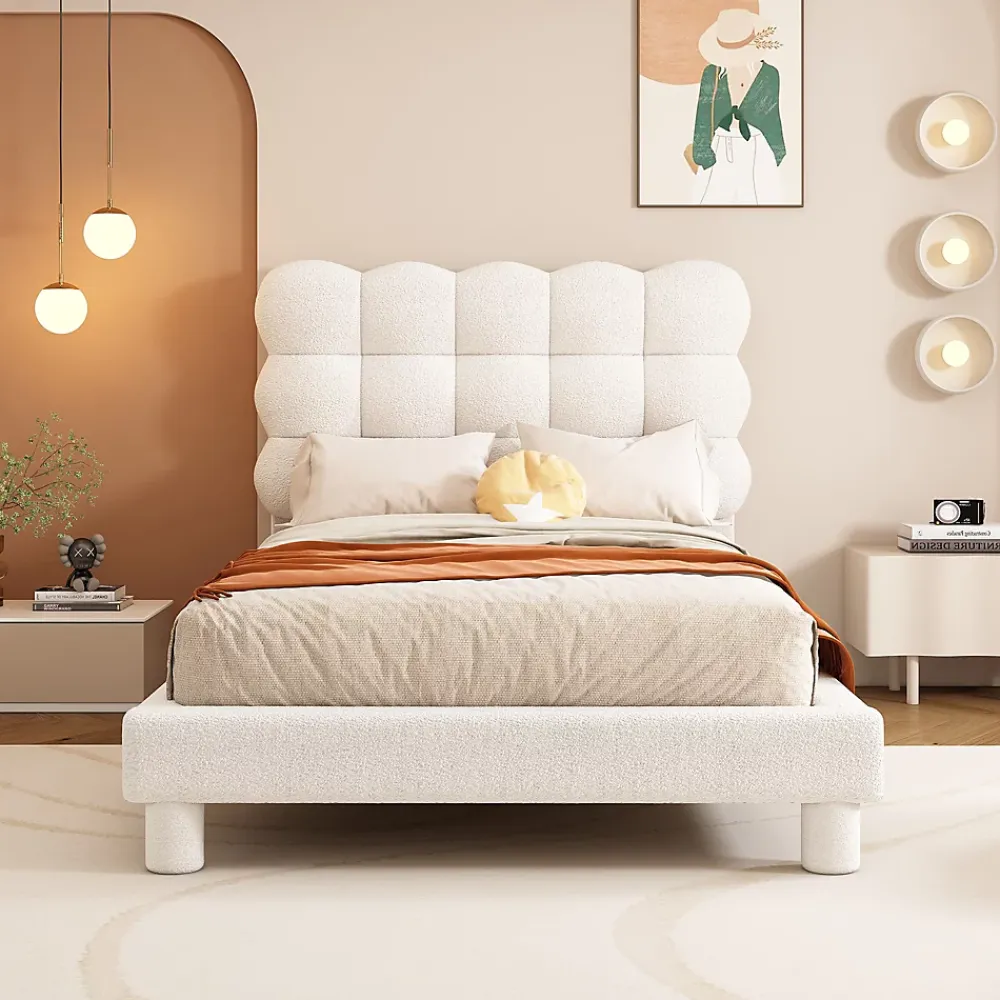 Redom Lit 90x200 cm tapissé en tissu peluche blanc avec tête de lit réglable 3 positions, structure MDF, style moderne et épuré* Lit Simple