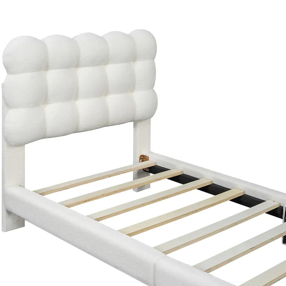Redom Lit 90x200 cm tapissé en tissu peluche blanc avec tête de lit réglable 3 positions, structure MDF, style moderne et épuré* Lit Simple