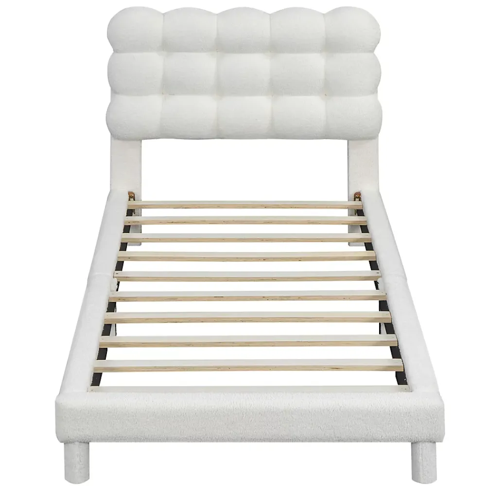 Redom Lit 90x200 cm tapissé en tissu peluche blanc avec tête de lit réglable 3 positions, structure MDF, style moderne et épuré* Lit Simple