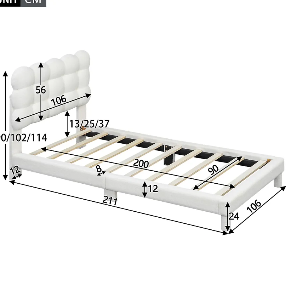 Redom Lit 90x200 cm tapissé en tissu peluche blanc avec tête de lit réglable 3 positions, structure MDF, style moderne et épuré* Lit Simple