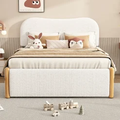 Lit 140x200 cm tapissé en velours blanc avec lit gigogne rétractable et tête de lit minimaliste en MDF><noscript><img width=