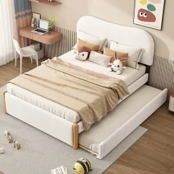 Lit 140x200 cm tapissé en velours blanc avec lit gigogne rétractable et tête de lit minimaliste en MDF><noscript><img width=