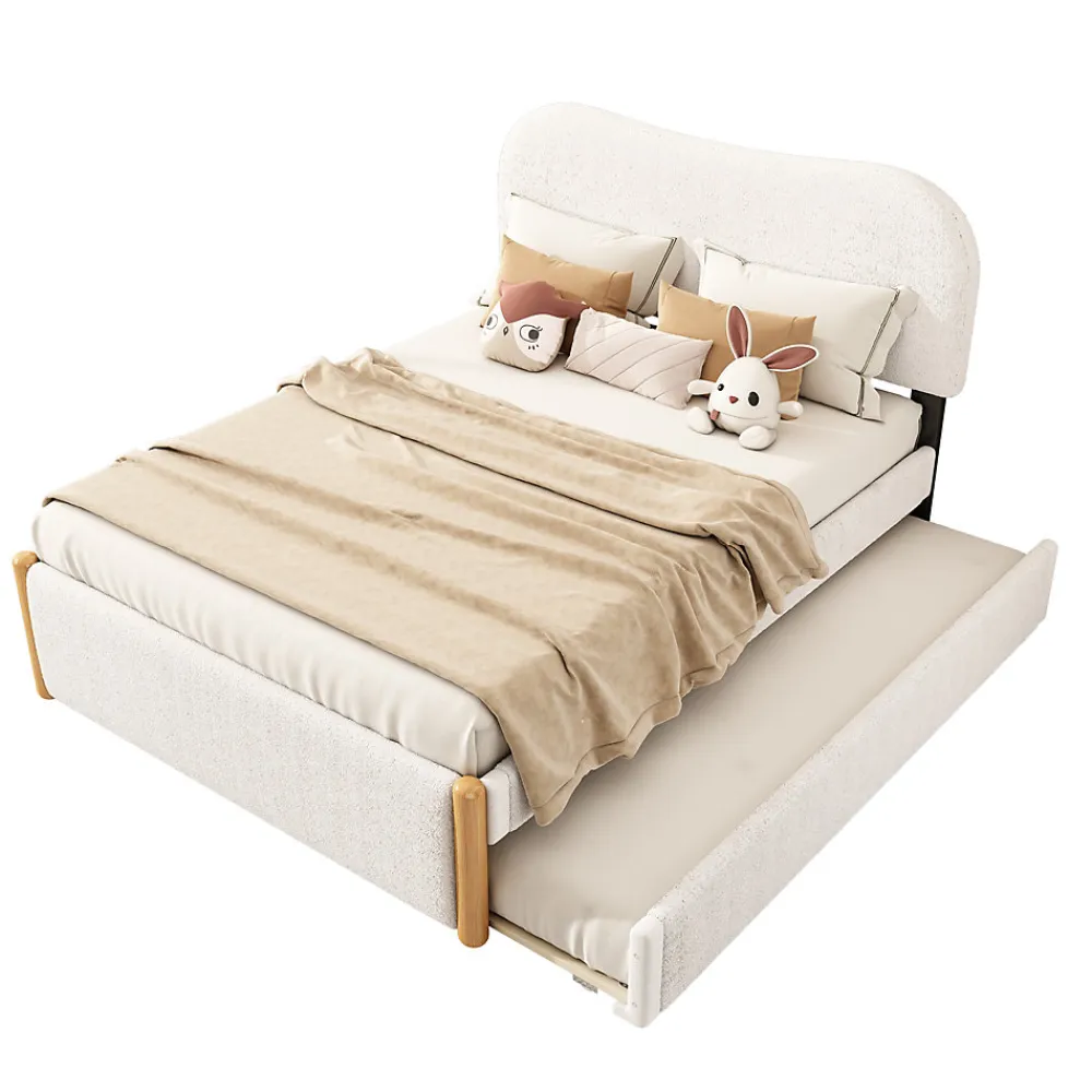Lit 140x200 cm tapissé en velours blanc avec lit gigogne rétractable et tête de lit minimaliste en MDF>Redom New