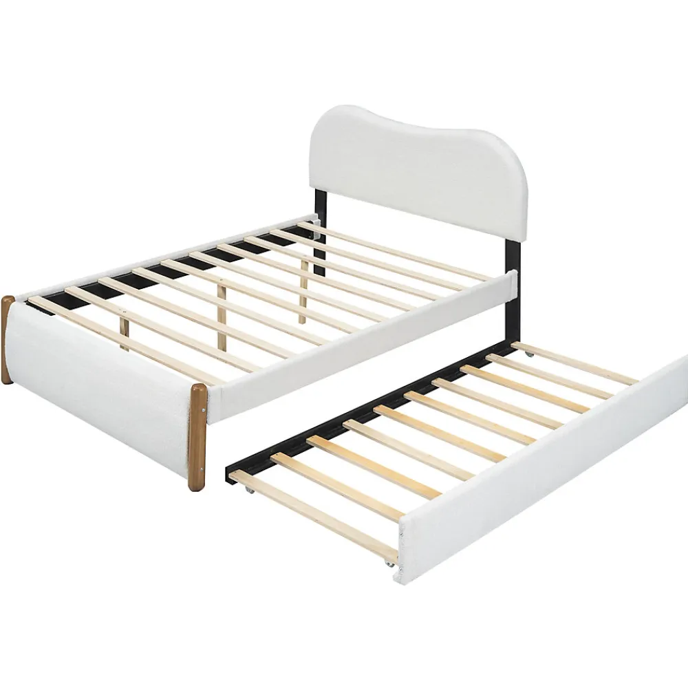 Lit 140x200 cm tapissé en velours blanc avec lit gigogne rétractable et tête de lit minimaliste en MDF>Redom New