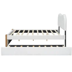 Lit 140x200 cm tapissé en velours blanc avec lit gigogne rétractable et tête de lit minimaliste en MDF><noscript><img width=