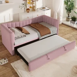 Lit 90x200 cm tapissé en velours avec lit gigogne escamotable, convertible en sofa minimaliste rose>Redom New