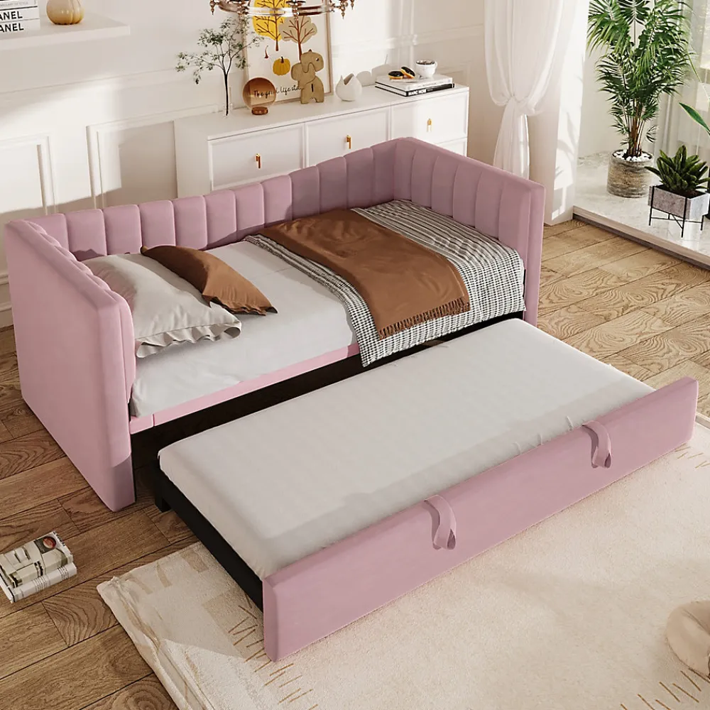 Lit 90x200 cm tapissé en velours avec lit gigogne escamotable, convertible en sofa minimaliste rose>Redom New