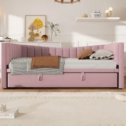 Lit 90x200 cm tapissé en velours avec lit gigogne escamotable, convertible en sofa minimaliste rose><noscript><img width=