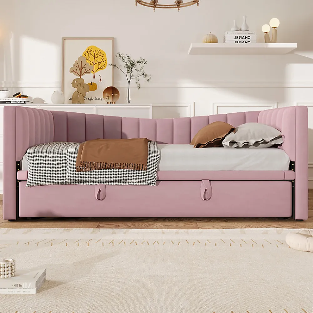 Lit 90x200 cm tapissé en velours avec lit gigogne escamotable, convertible en sofa minimaliste rose>Redom New