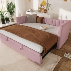 Lit 90x200 cm tapissé en velours avec lit gigogne escamotable, convertible en sofa minimaliste rose><noscript><img width=