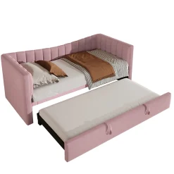 Lit 90x200 cm tapissé en velours avec lit gigogne escamotable, convertible en sofa minimaliste rose><noscript><img width=