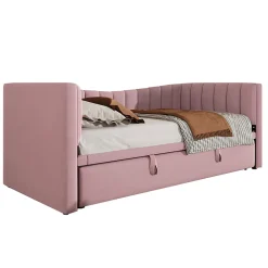 Lit 90x200 cm tapissé en velours avec lit gigogne escamotable, convertible en sofa minimaliste rose><noscript><img width=