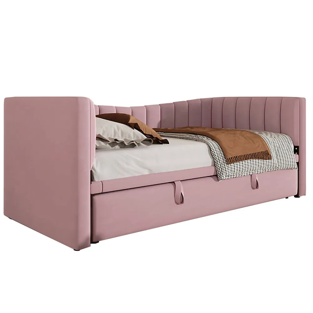 Lit 90x200 cm tapissé en velours avec lit gigogne escamotable, convertible en sofa minimaliste rose>Redom New
