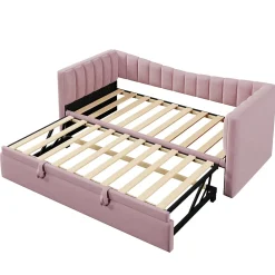 Lit 90x200 cm tapissé en velours avec lit gigogne escamotable, convertible en sofa minimaliste rose><noscript><img width=
