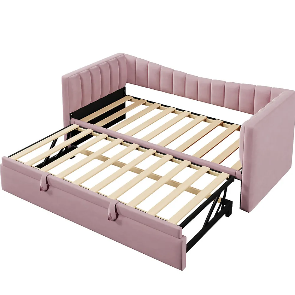 Lit 90x200 cm tapissé en velours avec lit gigogne escamotable, convertible en sofa minimaliste rose>Redom New