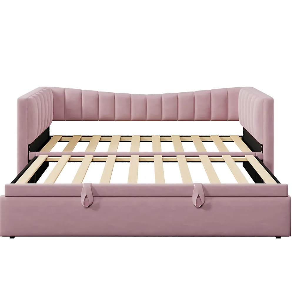 Lit 90x200 cm tapissé en velours avec lit gigogne escamotable, convertible en sofa minimaliste rose>Redom New