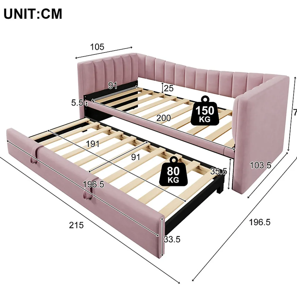 Lit 90x200 cm tapissé en velours avec lit gigogne escamotable, convertible en sofa minimaliste rose>Redom New
