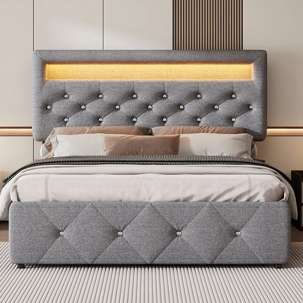 Lit 140x200 cm tapissé gris avec 2 tiroirs, lit gigogne intégré et tête de lit réglable, design élégant>Redom Best