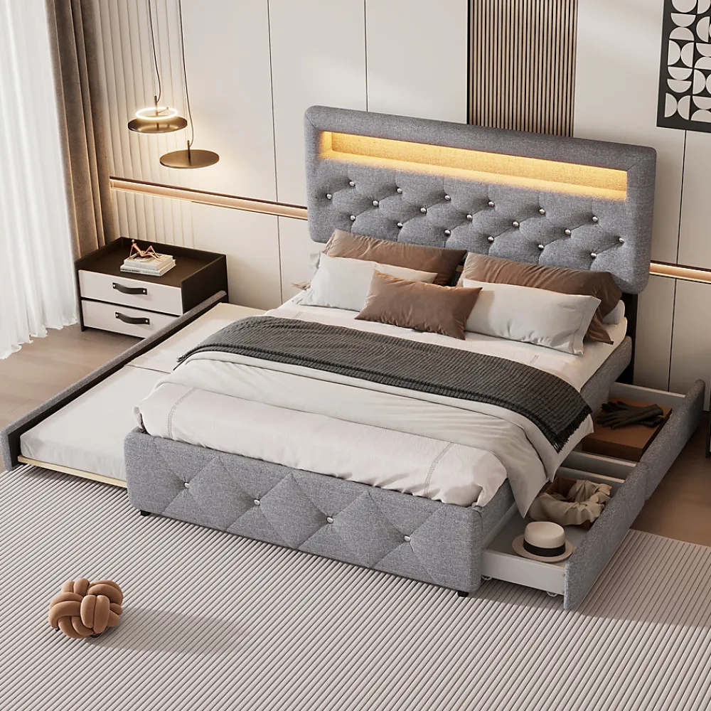 Lit 140x200 cm tapissé gris avec 2 tiroirs, lit gigogne intégré et tête de lit réglable, design élégant>Redom Best