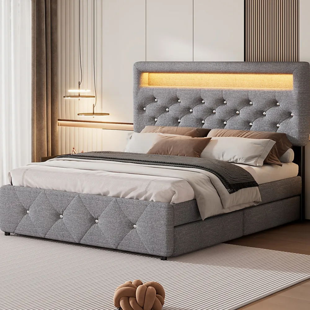 Lit 140x200 cm tapissé gris avec 2 tiroirs, lit gigogne intégré et tête de lit réglable, design élégant>Redom Best