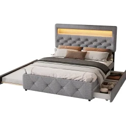 Lit 140x200 cm tapissé gris avec 2 tiroirs, lit gigogne intégré et tête de lit réglable, design élégant><noscript><img width=