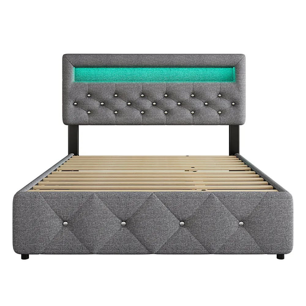 Lit 140x200 cm tapissé gris avec 2 tiroirs, lit gigogne intégré et tête de lit réglable, design élégant>Redom Best
