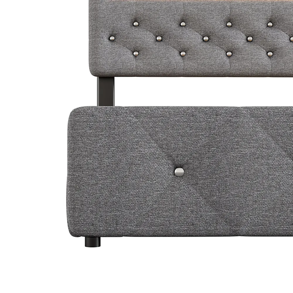 Lit 140x200 cm tapissé gris avec 2 tiroirs, lit gigogne intégré et tête de lit réglable, design élégant>Redom Best