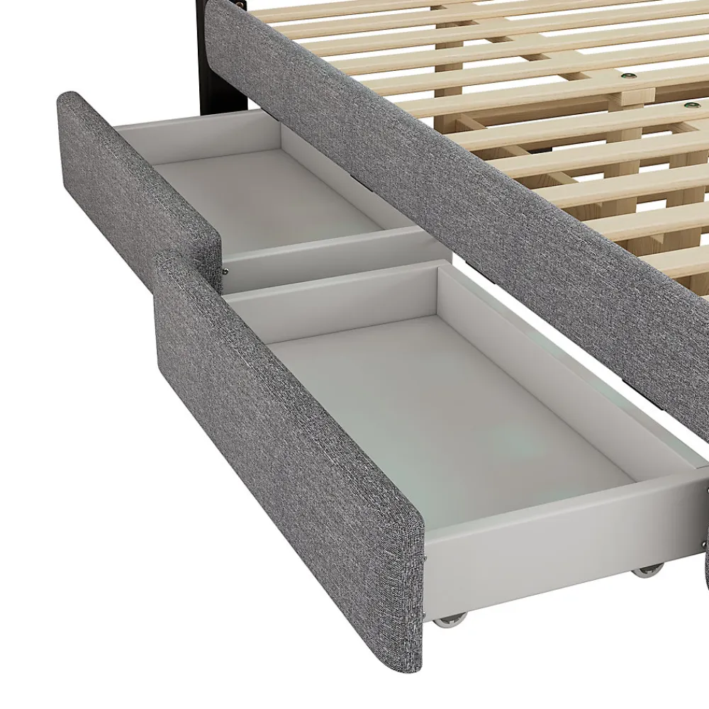 Lit 140x200 cm tapissé gris avec 2 tiroirs, lit gigogne intégré et tête de lit réglable, design élégant>Redom Best