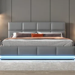 Lit 160x200 cm tapissé gris avec tête de lit rembourrée, coffre de rangement hydraulique et éclairage LED>Redom Online