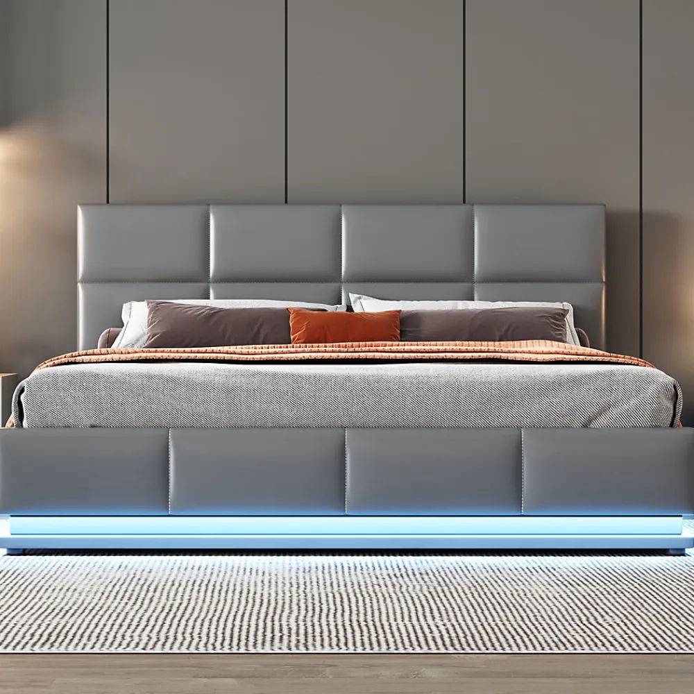 Lit 160x200 cm tapissé gris avec tête de lit rembourrée, coffre de rangement hydraulique et éclairage LED>Redom Online