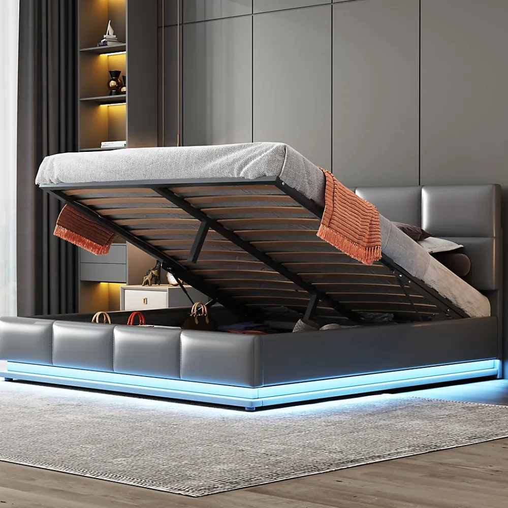 Lit 160x200 cm tapissé gris avec tête de lit rembourrée, coffre de rangement hydraulique et éclairage LED>Redom Online